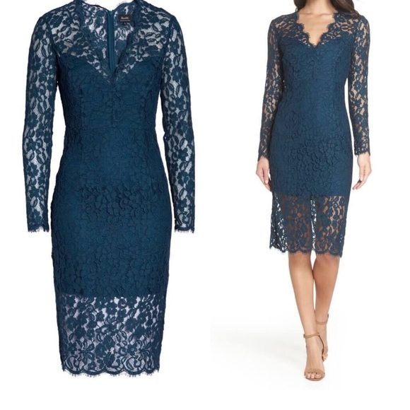 Bardot Teal Blue Midnight Lace Dress Midi Sheath Size 2 - Picture 2 of 7